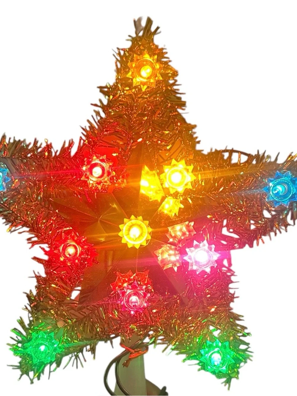 Vintage 10 Lite Star Christmas Tree Topper Gold Tinsel In Box Works 8